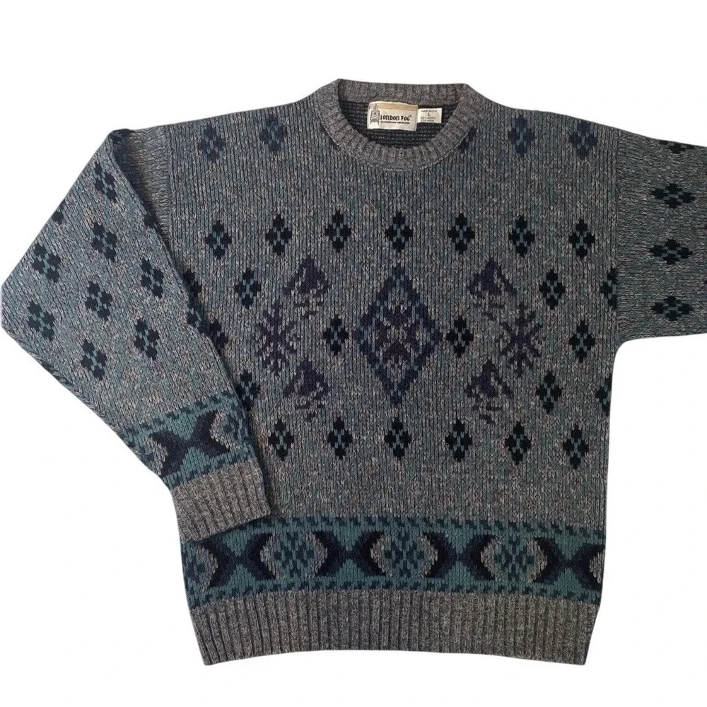 London Fog Sweater Men Large Grey Blue Fair Isle Wool Blend Crewneck Made in USA